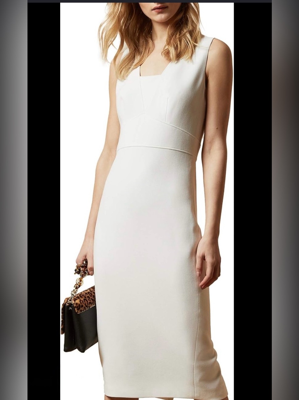 Ted Baker White Sleeveless V- Neck Midi Pencil Dress